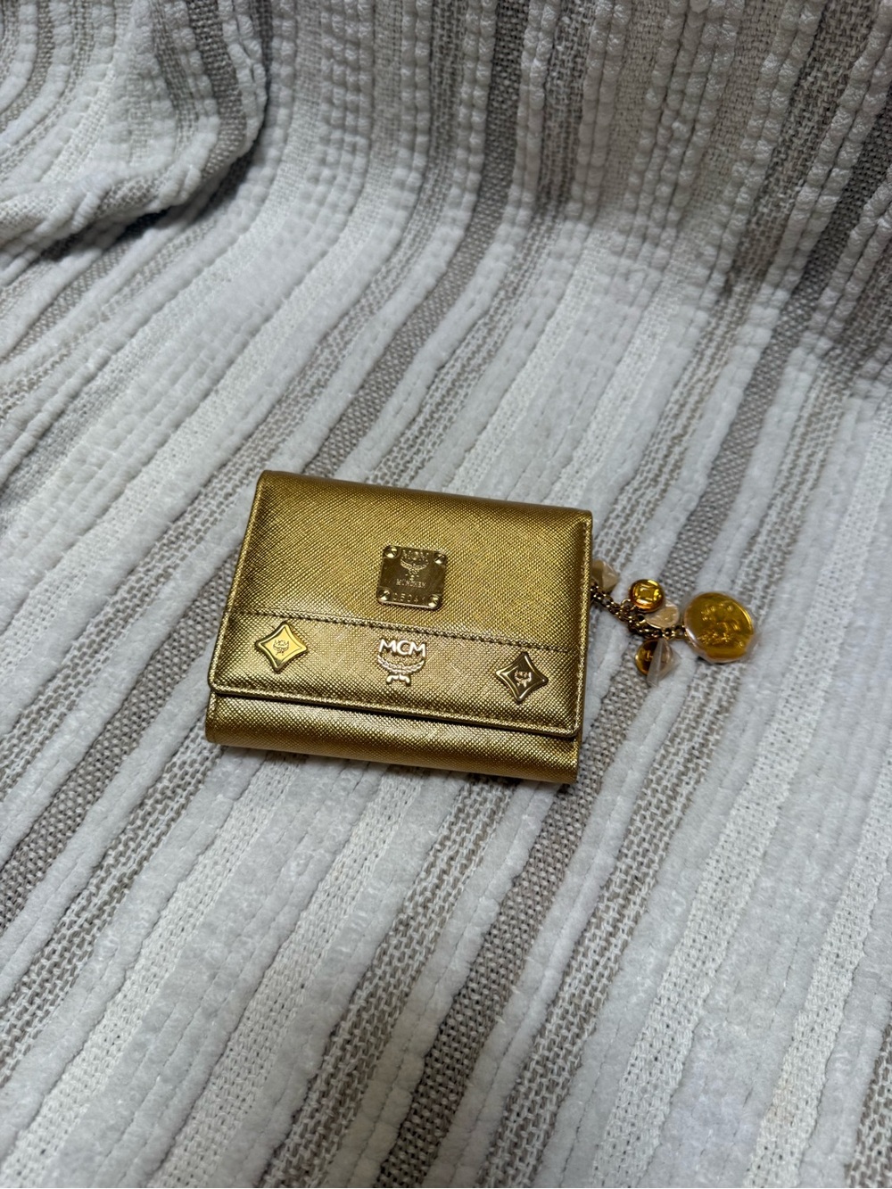 MCM Metallic Gold Saffiano Leather Compact Wallet with Charm